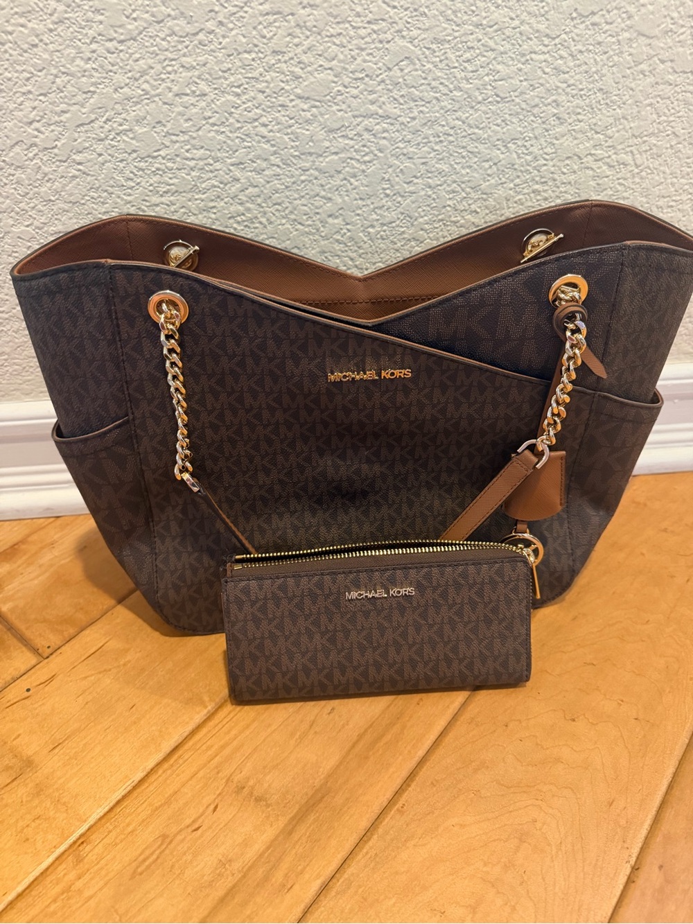 Michael Kors Dark Brown MK Logo Tote with Matching Wallet